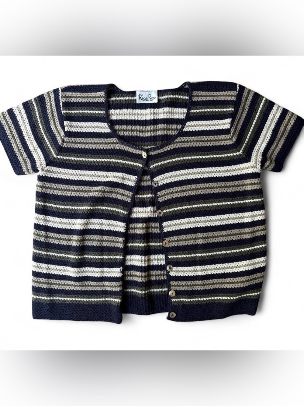 Reba Rose Sz L Striped Knit Cardigan Top Short Sleeve Grannycore